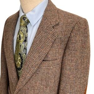 Stafford Harris Tweed Blazer Men 40 Brown Houndstooth Elbow Patch Academia  VTG
